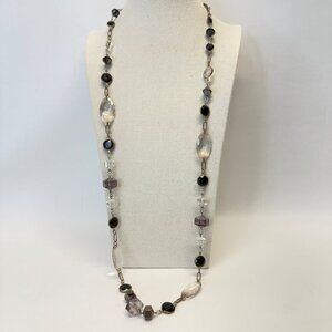 Faceted Glass Bead Station Necklace Long Length Quartz Gold Tone Chain